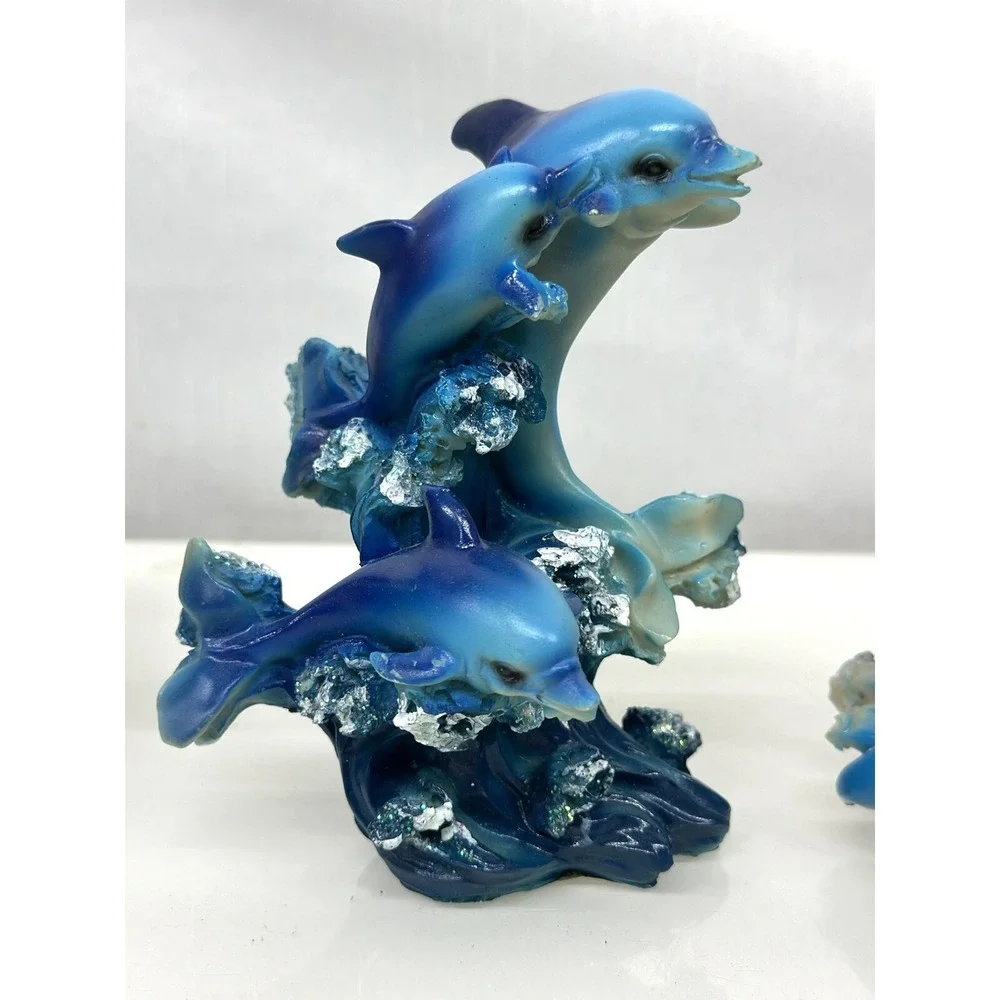 Marine Sea Ocean Set of 7 Blue Dolphins Swimming Over Giant Reef Waves Figurine